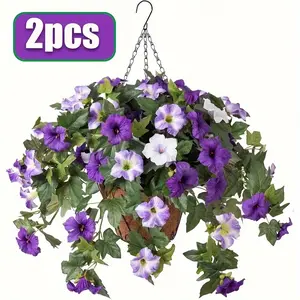 2pcs Realistic Purple Hanging Floral Basket - UV-Resistant Fake Plants with Cascading Vine, Deep Violet & Green Foliage - Indoor/Outdoor Hanging Decor for Porch, Patio, Wedding, Housewarming Gift - Low-Maintenance Fake Hanging Flowers, No Watering Needed,