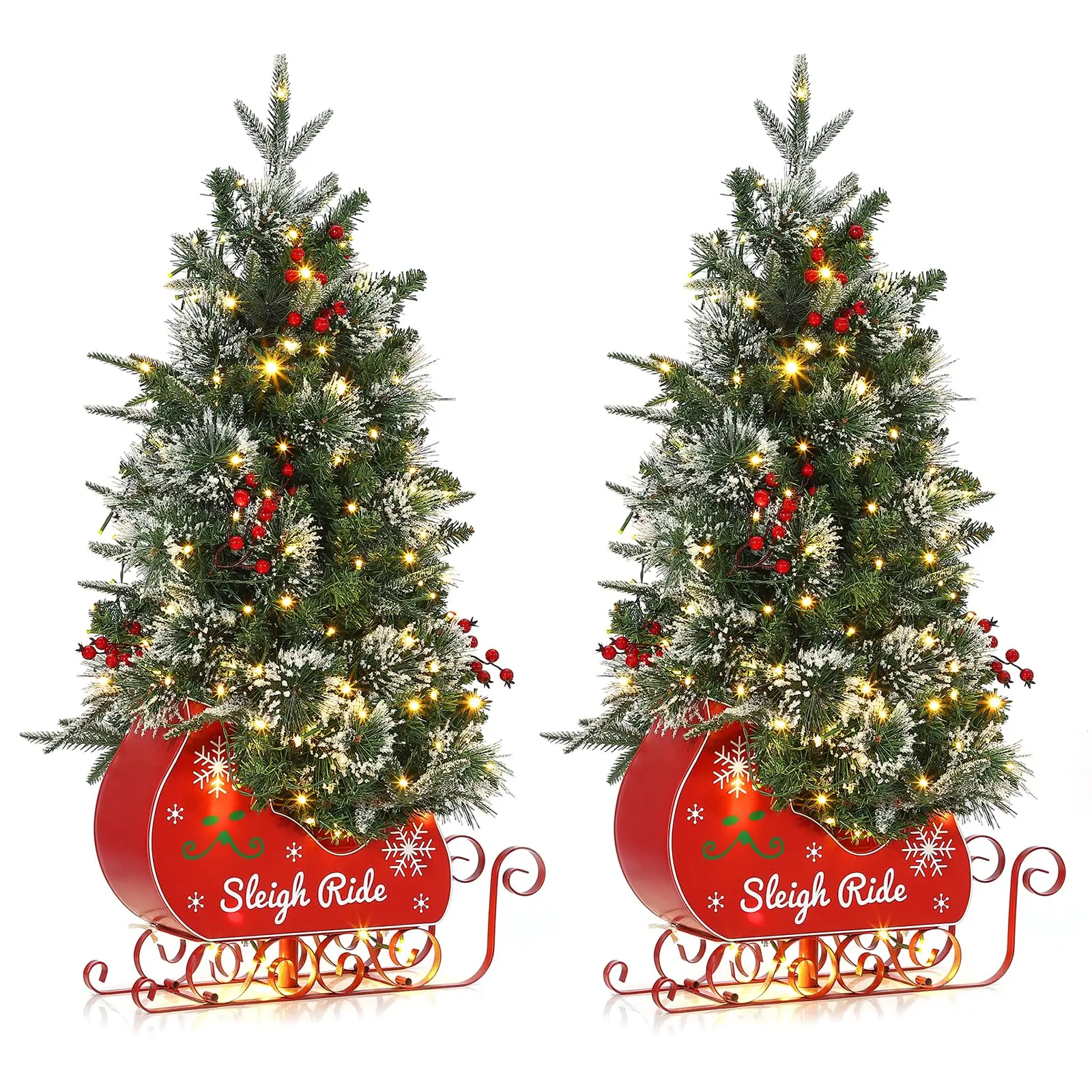 【GARVEE】3FT Pre Lit Fiber Optic Artificial Sleigh Ride Base Christmas Tree With 78 Pcs Warm White Lights, 8-Mode Full Prelighted Xmas Tree With Usb, 1 Pcs