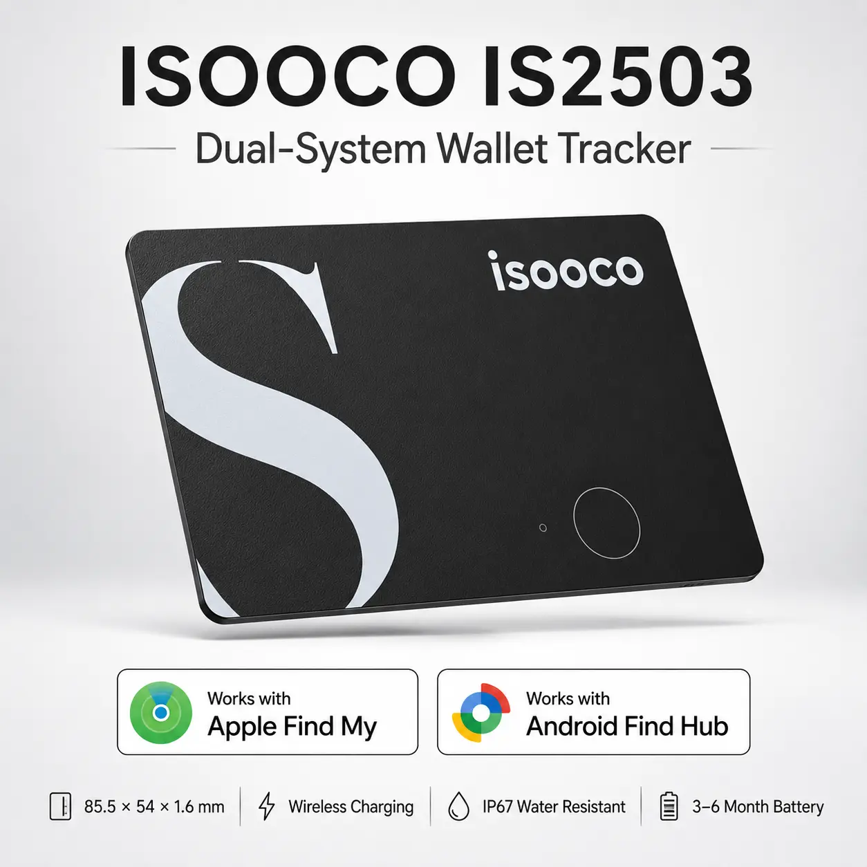 ISOOCO IS2503 Wireless Charging Wallet Tracker Card for iOS & Android, Slim Bluetooth Item Finder, Anti-Lost Smart Locator Works with Apple Find My & Android Find Hub, IP67 Waterproof for Wallets, Bags, Luggage real-time tracking