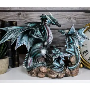 Narygos Blue Iceberg Mother Dragon With Baby Dragons Statue Home Decor Fantasy