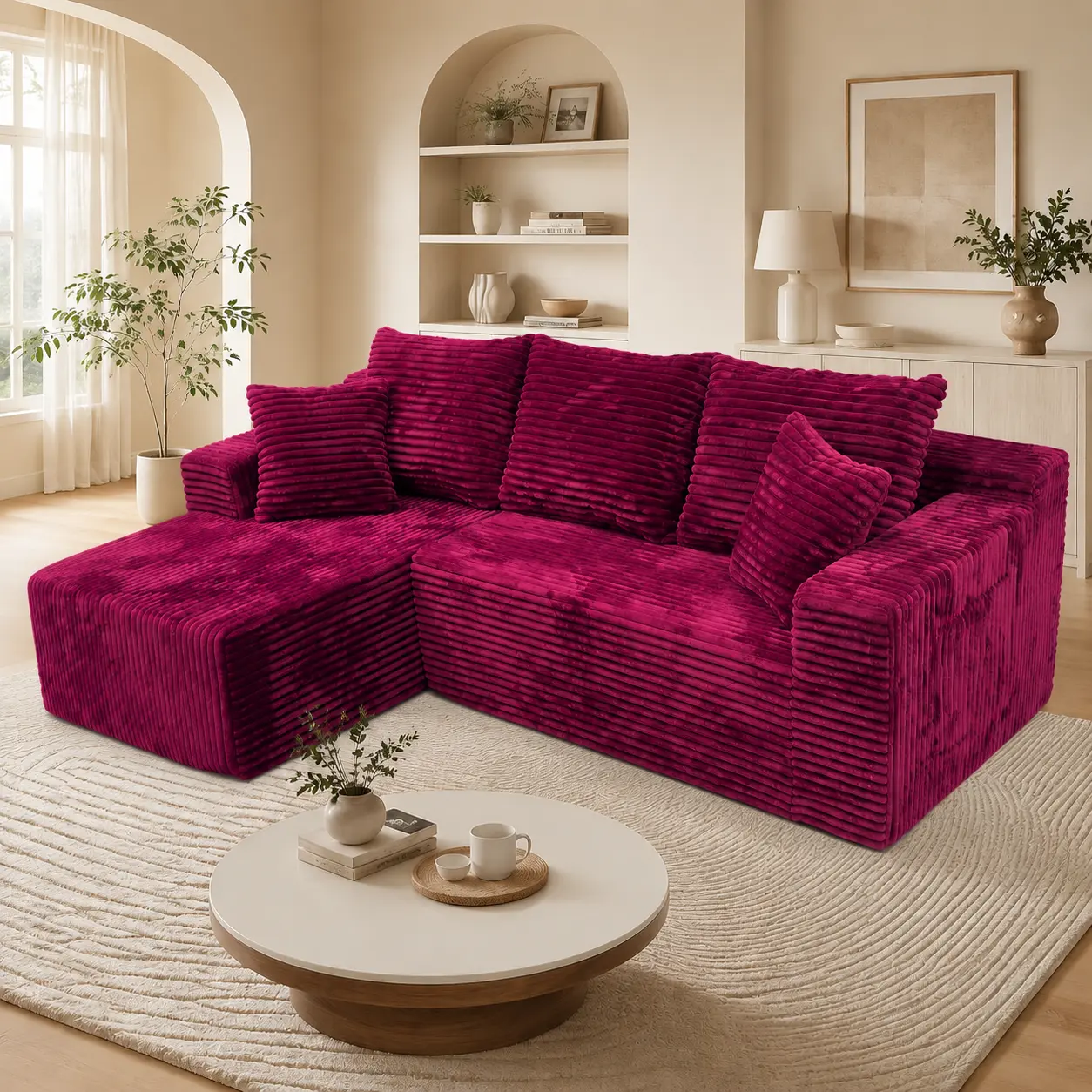 96" Rose Purple Cloud Couch, L Shaped Modular Sectional Sofa, Oversized Boneless Couch for Living Room, Deep Seat Comfy Sofa, Upholstered Sectional Couch, No Assembly Convertible Sleeper Sofa