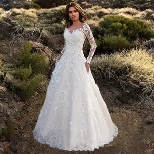 2026 New European American Lace Bridal Dress, Long Sleeve V-Neck Slim Princess Gown, Elegant Embroidery White Wedding Dress | Trending: 2026 Bridal Gown, #TikTokWeddingDresses, #LaceBridalGowns, March Bridal Wear