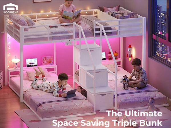 ADORNEVE Triple Bunk Bed with Storage Staircase, RGB Lights & Charging Station, Twin Over Twin, Heavy Duty Metal 3 Bunk Beds with Drawers & Headboard Shelf, Safety Guardrails, for Kids