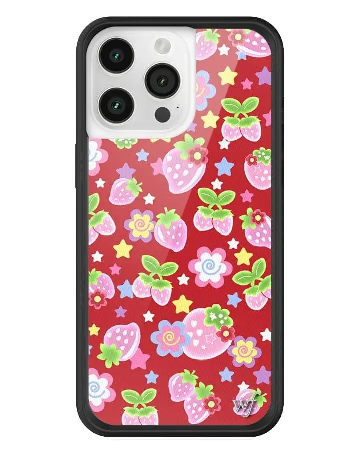 Star Berries | Limited Edition iPhone Case | Raised Protective Black Bumper | Women Owned Small Business | Bright Red Background Vibrant Pink and White Strawberries Green Leaves | Safety Casing Protective | Cellphone Cute Aesthetic