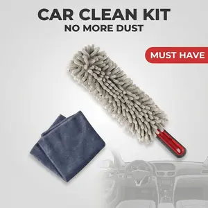 Car Interior Duster 360° Microfiber Fingers, Unbreakable Comfort Handle, Lint & Scratch Free, With Cleaning Towel, Car & Home Universal Gray