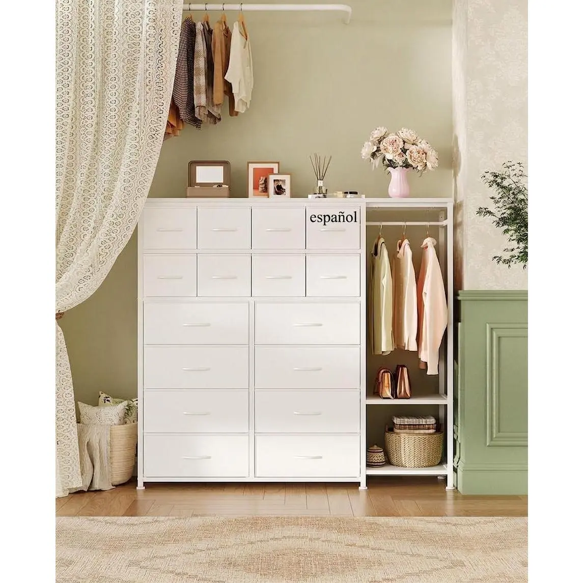 16-Drawer Fabric Dresser with Hanging Rod & Open Shelves,16 Drawer Dresser for Bedroom,Fabric Storage Organizer, Drawer Organizer for Bedroom, Closet & Entryway