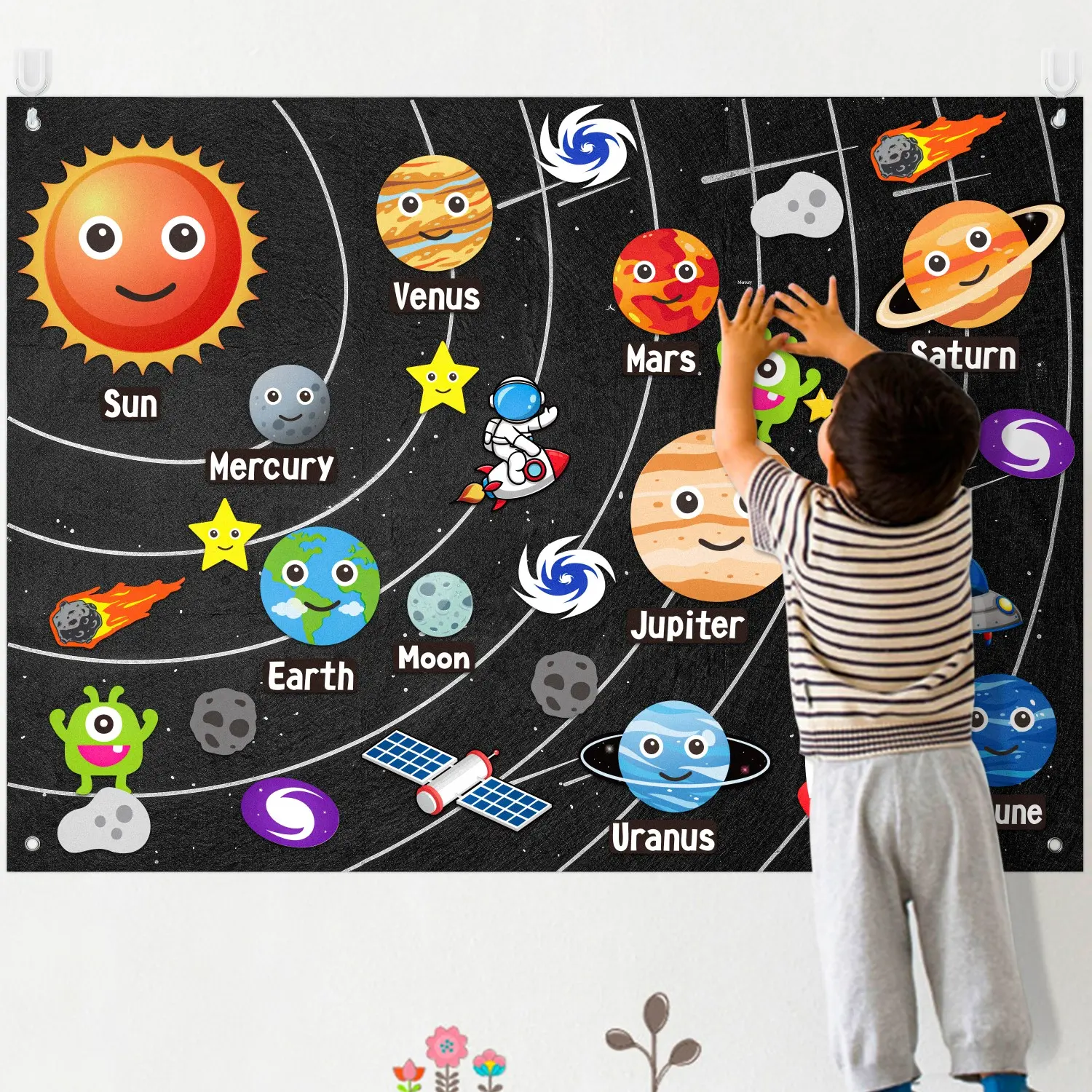 Creative Felt Storyboard, 3.5 Ft Educational Banner for Interactive Storytelling, Space Animal Classification Shape Recognition, Classroom Supplies Charts, Teaching Supplies