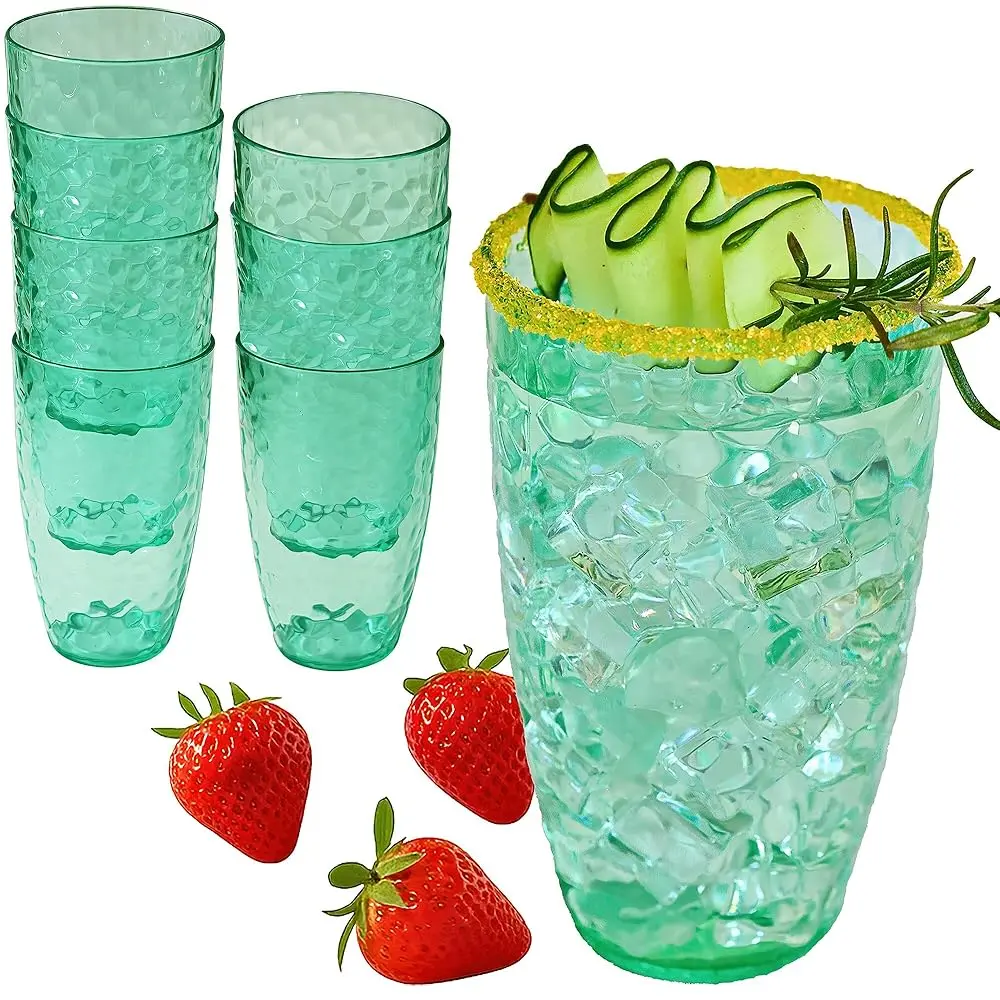 Kate Aspen Hammered Teal Acrylic Glasses for Patio Smoothies BPA-Free Set of 8