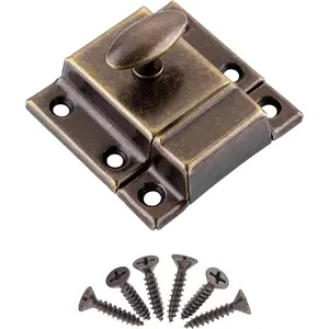Large Stamped Antique Brass Cabinet Door Latch, 2 1/8" × 2 1/8" Spring Loaded Cupboard Latch with Oval Turn, Vintage Cabinet Hardware for Home Furniture Renovation
