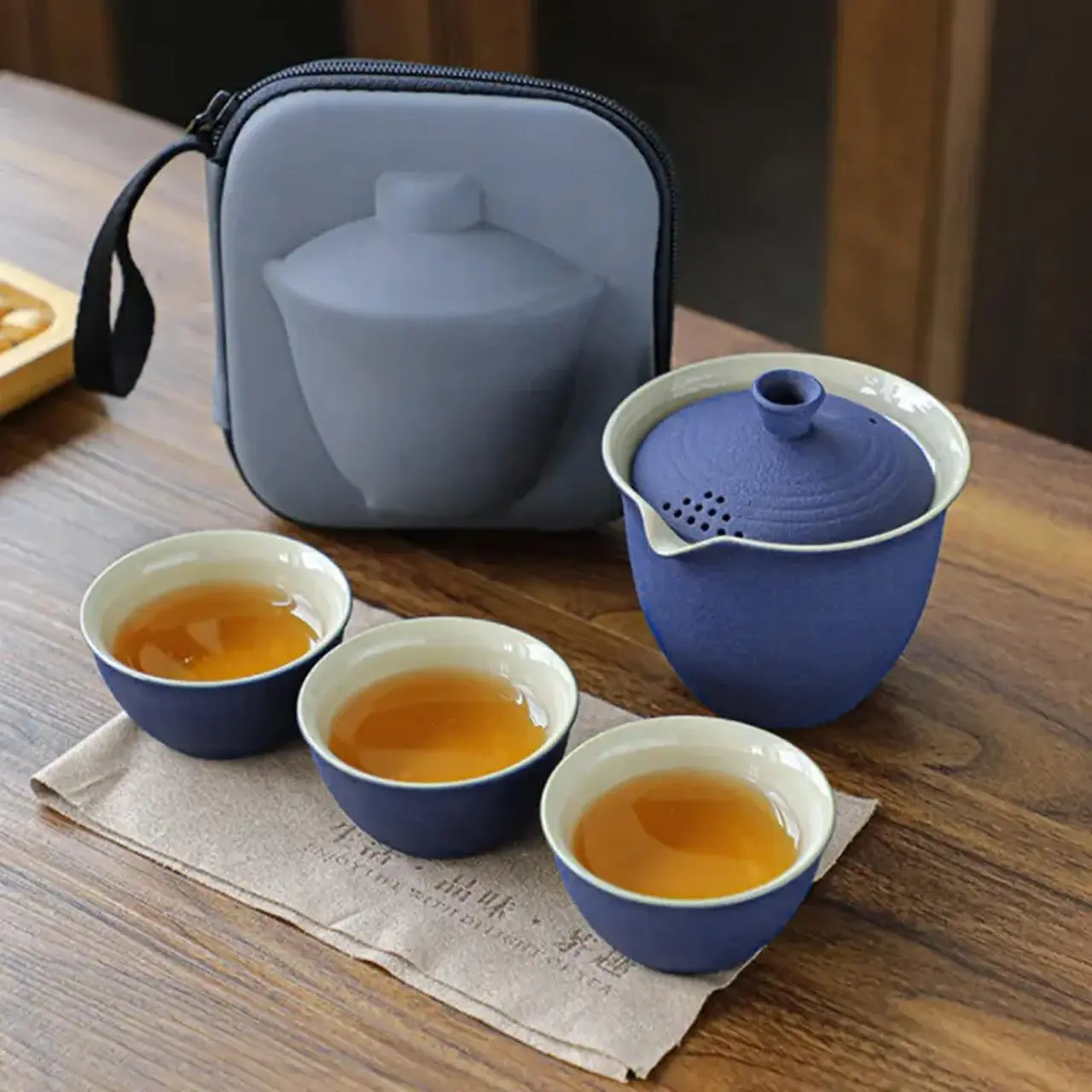 Portable Travel Tea Set, Back-To-School Essential, Outdoor Tea Cups & Pot Set, One Teapot and Three Cups, Perfect for On-The-Go Brewing, Matcha Tea Set