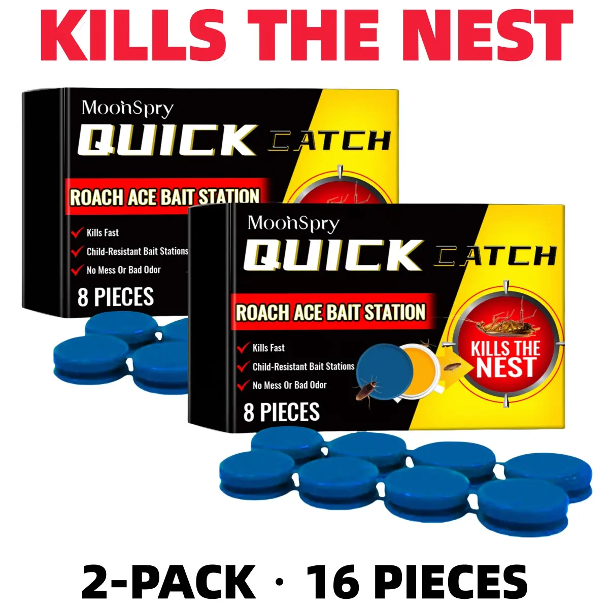 MoonSpry Quick Catch Roach Ace Bait Station Kit (16 Pieces) - 2026 EPA Registered 105290 Upgrade, Fast-Killing, Child-Resistant, No Mess/Odor, Paste-Enabled Indoor-Outdoor Insect-Free Pest Control
