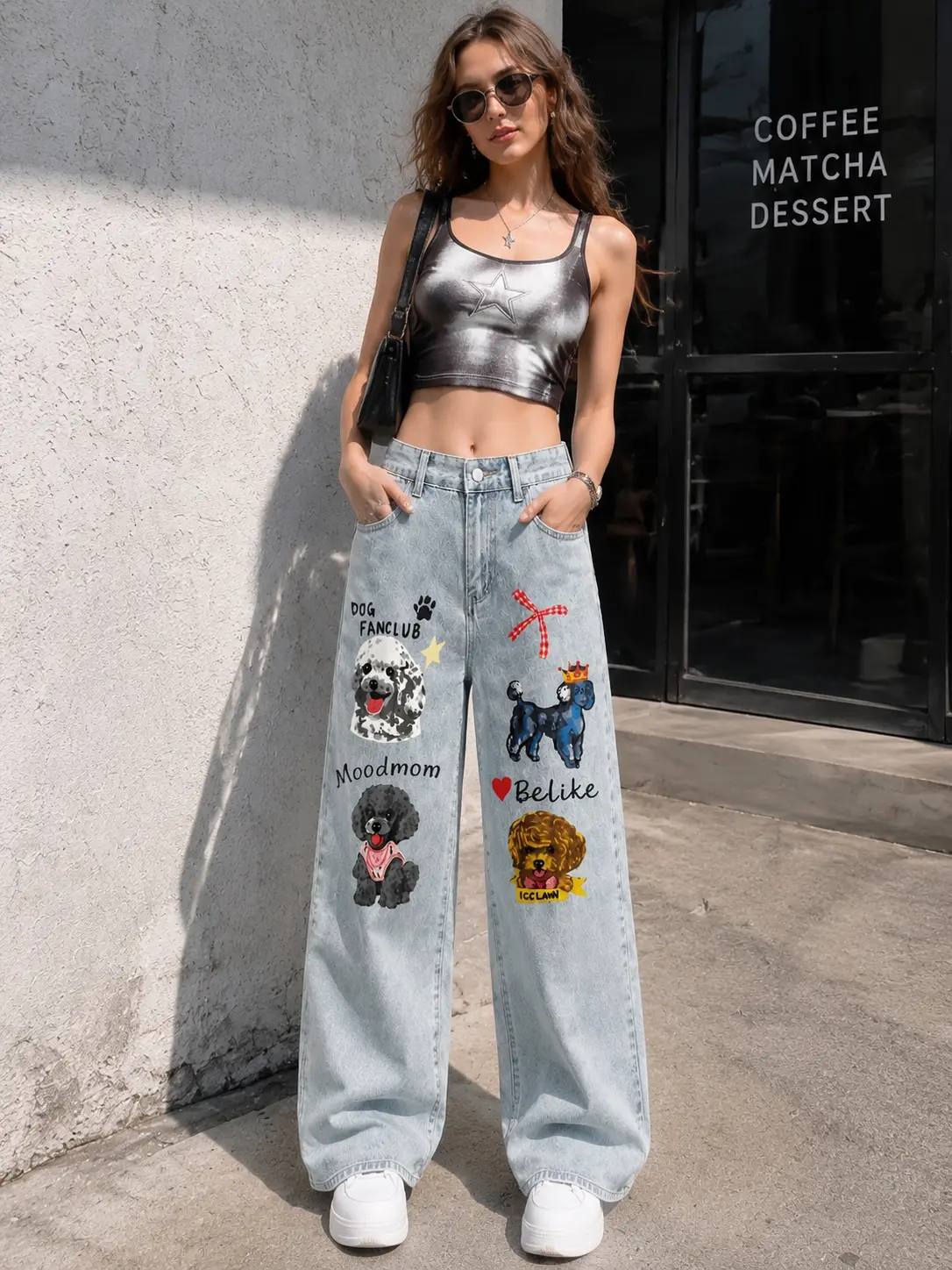 Women's Mid-Waist Loose-Fit Denim Jeans with Dog Family Patchwork & Unique Dog Print - Lady Streetwear, Comfortable Casual Bottoms, Trendy Light Blue, All Seasons Wear