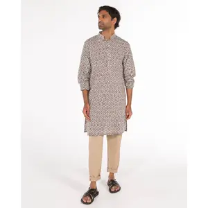 Nishan Set - Gray & Brown Printed Cotton Kurta with Mandarin Collar, Partial Button Closure, and Khaki Elastic Waist Pants