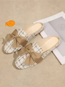 French Style Bowknot Closed Toe Mules, Tweed Flat Slides, Comfortable Backless Shoes for Women