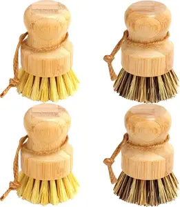 Bamboo Dish Brush Set, 4 Pcs Palm Wooden Dish Scrubber Brush, Dish Brushes, Durable Wood Dishes Scrub Brush, Natural Round Vegetable Cleaning Pots Pans Sink Washing Kitchen Brush
