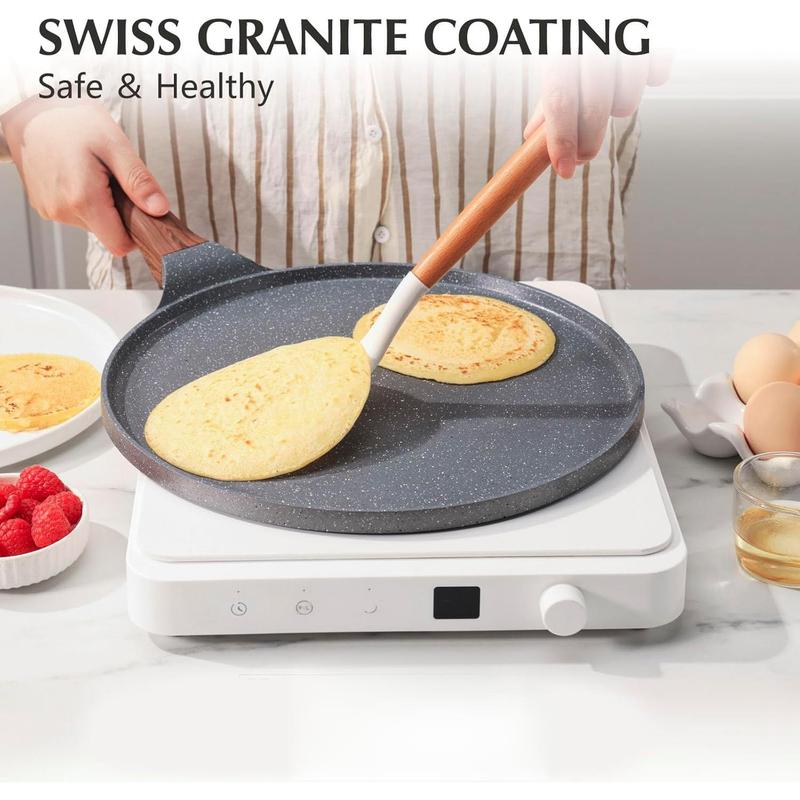 Nonstick Crepe Pan, Swiss Granite Coating Dosa Pan Pancake Flat Skillet Tawa Griddle  with Stay-Cool Handle, Induction Compatible