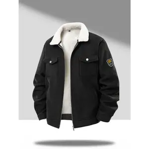 Retro corduroy collar jacket with synthetic wool lining, double chest patch pockets, elbow badge decoration — perfect for retro enthusiasts, everyday street style, and casual gatherings