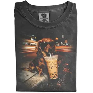 Vintage Dachshund Boba Tea T-shirt, Funny Sausage Dog in Sunglasses, Cute Wiener Dog Coffee Lover Graphic Tee, Gift for Men & Women, Trending Crew Neck
