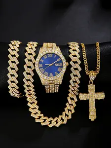 4pcs Stylish Men's Quartz Watches, Punk Cuban Chain Cross Necklace and Bracelet Set, Perfect Gift for Holidays and Special Occasions, Men Jewelry