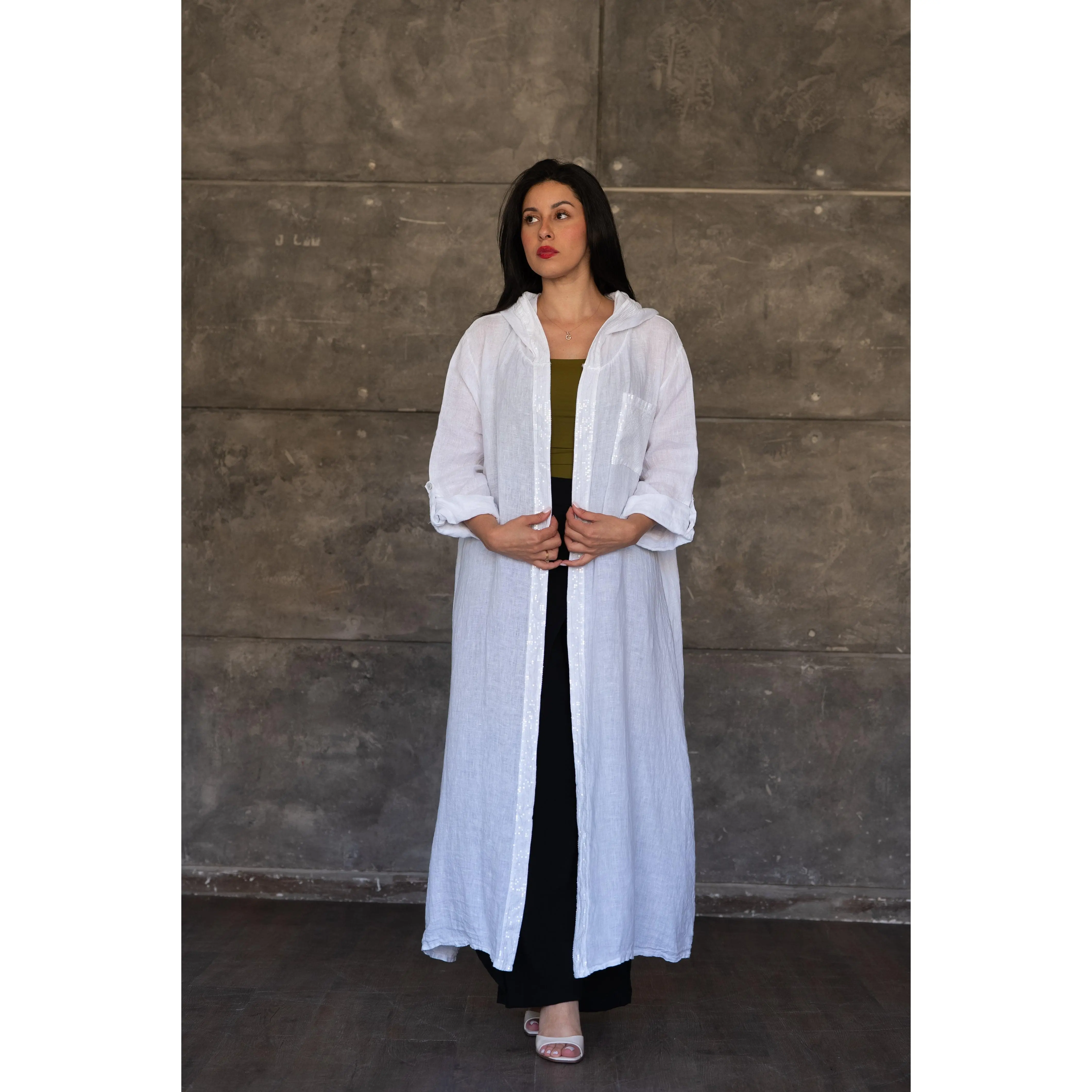 White Hooded Linen Cardigan