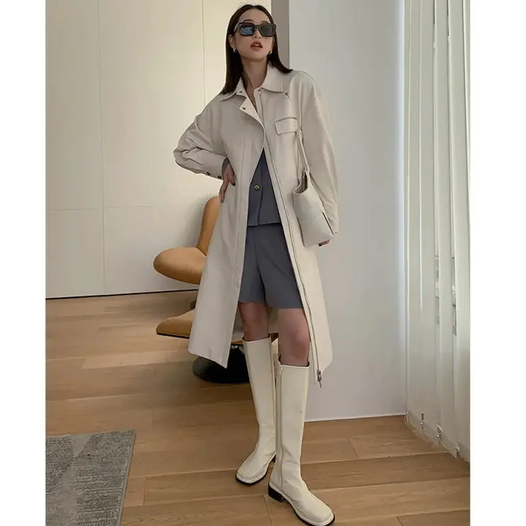 Autumn Winter Women's Sheepskin Slim Belt Zipper Long Trench Coat