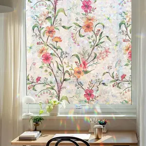Floral Pattern Painted Glass Window Film Roll, Crescent Base Rainbow Effect Decorative Static Adhesive No Glue, Home Office Decoration Flower