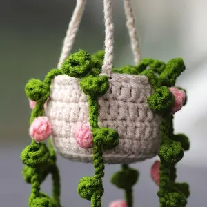 (Closeout sale) Cute Summer Crochet Hanging Plant for Car Rearview Mirror Fun Car Accessory for Girls Truck Decor and Interior Car Gadgets