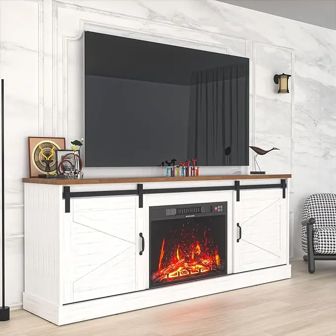 [2 Packages Delivery] Kullavik Farmhouse TV Stand up to 85“ Television, Sliding Barn Door Entertainment Center, TV Cabinet Storage Shelves, Media Furn