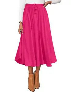 Womens Flowy Pleated Skirts A Line Elastic High Waisted Midi Skirt Boho Casual Long Skirts Brown Leaf Print XXL