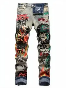 Men’s Y2K printed straight-leg jeans with distressed rips, European/American fashion trend