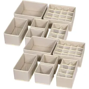 12 Pack Foldable Drawer  Dividers Cloth Storage Box Closet Dresser  Cube Fabric Containers Basket Bins for Underwear Bras Socks Panties Lingeries Nursery Baby Clothes Beige Collapsible Linen door organizer