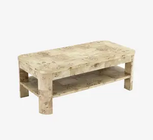 Modern Mappa Burl Wood Coffee Table with Storage Shelf | Rounded Corner Center Table