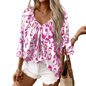 SHAPUM Rose Leopard Print Ruched V-Neck 3/4 Sleeve Blouse Comfortable for Spring Summer