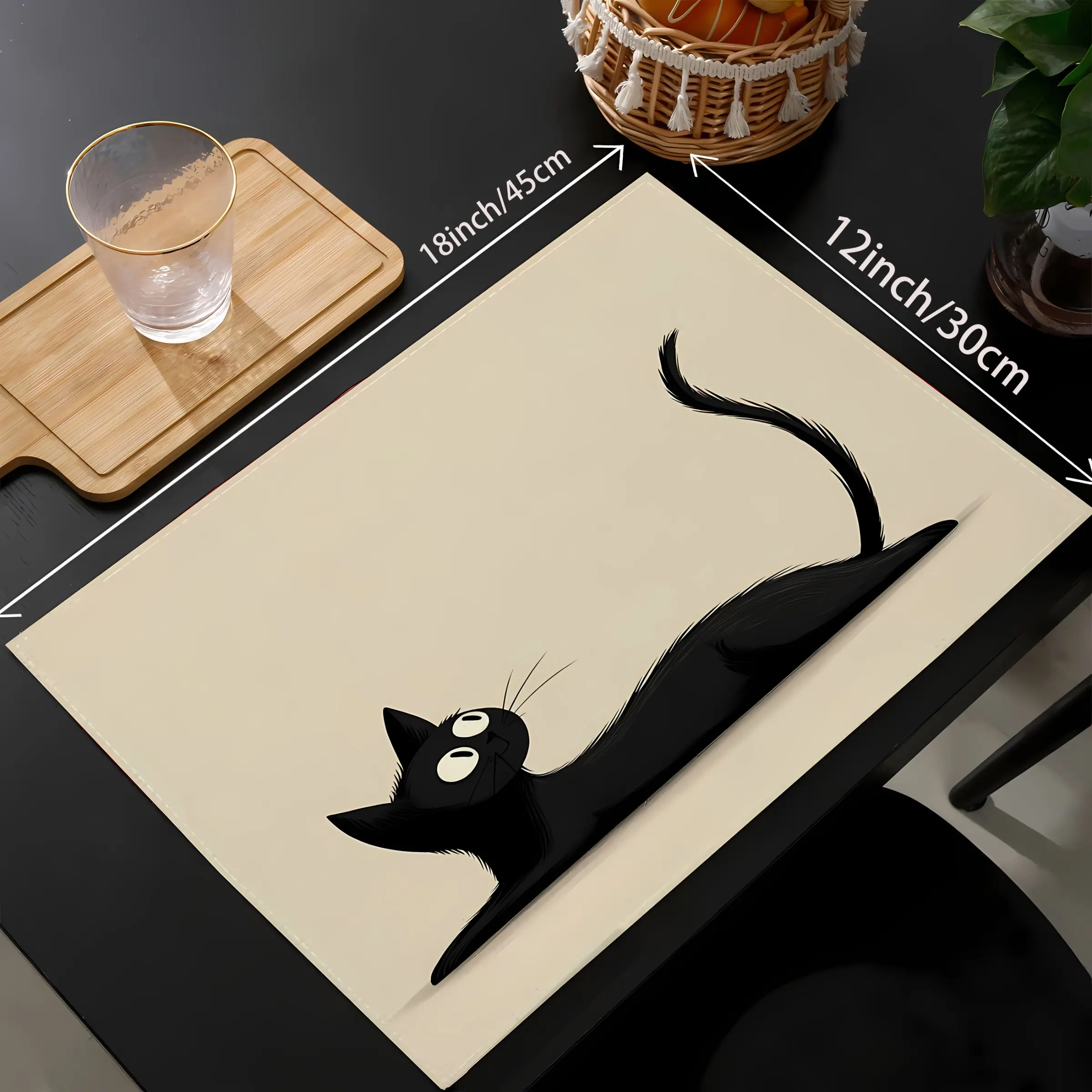 2D flat printing, 2-piece/4-piece/6-piece/8-piece set of wagging tail black cat printed placemats for festivals, linen placemats for kitchens, dining tables, parties, decoration accessories, tableware mats, room decoration, party decoration
