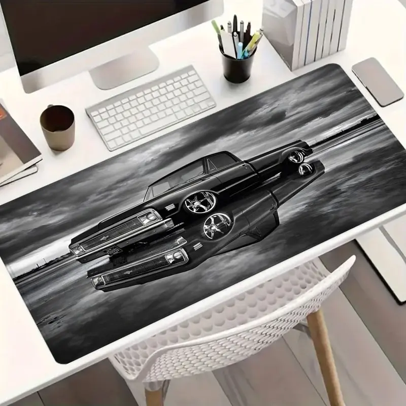 1pc Black White Classic Car Art Large Gaming Mouse Pad, Vintage Lowrider Extended Desk Mat, Non-Slip Stitched Edge Computer Mat, Rubber Base Keyboard Pad for Home Office & Gamer, Durable Spill-Resistant Ideal Gift, Office Desk Accessories