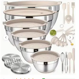 Nestable Heavy-Duty Stainless Steel Mixing Bowls With Lids Set - Food Prep Bowls With Detachable Grater Attachments, Serving Tableware for Family Kitchen Meal Organization