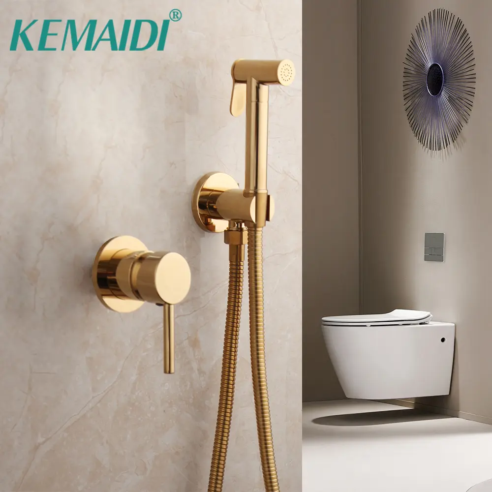 KEMADI  Bathroom Concealed Hot and Cold Bidet Spray Set Gold Brass HandHeld Sprayer Toilet Faucet Mixer Tap