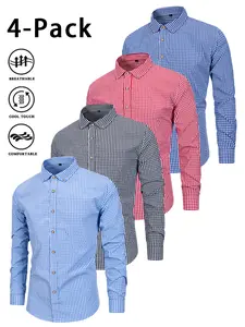 Multi-pack men’s British-style workwear long-sleeve shirts with a turn-down collar and contrasting color design; breathable, stylish casual business tops for spring and summer, versatile for layering.