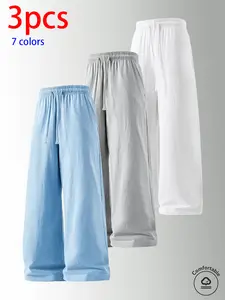 3-pack men’s pure cotton long pants: loose straight casual pants, sweatpants/joggers, featuring a drawstring waistband design. Available in multiple colors. Suitable for home lounging, daily commuting, outdoor walks, short trips, camping—versatile casual