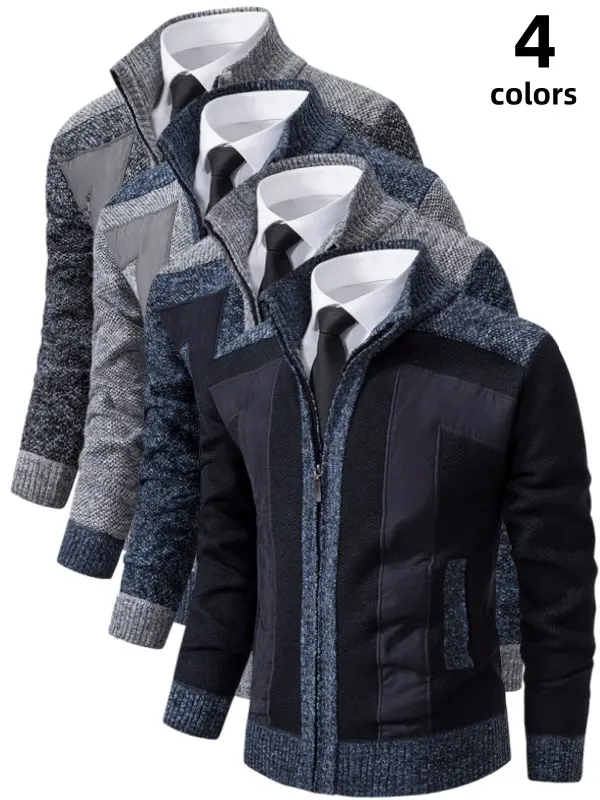 Men's Zip Up Stand Collar Cardigan Sweater Jacket Fleece Lined Thick Patchwork Splice Knit Full Zip Coat Great Value Warm Windproof Soft Stretch Regular Fit for Men Office Business Daily Fall Winter Layering Outerwear