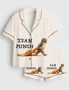 Women’s Team Punch Baby Monkey Short Sleeve Silky Satin Pajama Set, Unique PJs with Design, Matching Family Sleepwear Set, Satin Pajama Set For Men Women Kids