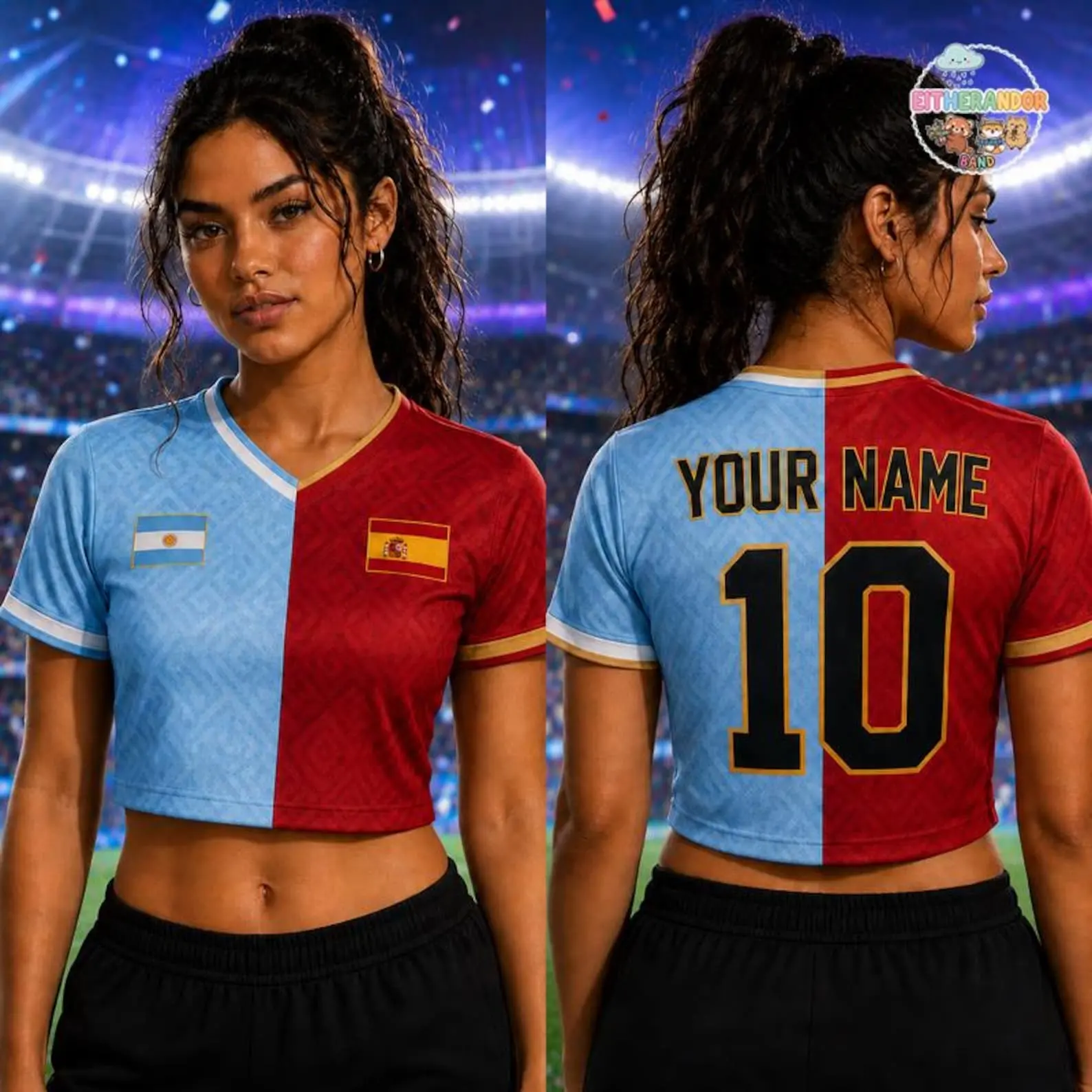 Custom Women's Soccer Jersey, Personalized Argentina Spain Football Shirt, Split Design Crop Top, Custom Name and Number Gift for Her Fan