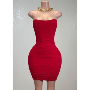 PEYTON RED MESH RUCHED BODYCON MINI DRESS