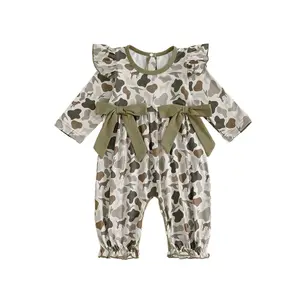 FOCUSNORM Newborn Baby Girl Hunting Outfit Camo Ruffle Long Sleeve Romper Jumpsuit Smocked Bubble  Clothes