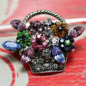 Vintage Multi Rhinestone Spring Mother's Day Easter Bouquet Flower Basket Pin Brooch