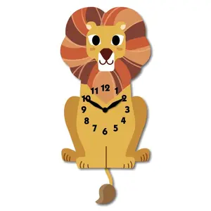 "Leo" - Adorable Lion Shaped Pendulum Wall Clock, Cartoon Style, Earthy Yellow with Colorful Rainbow Mix, MDF, 14'x6.2'x1.8', Color Box