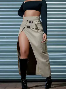 Spring Summer New High Waist Split Long Skirt, Sexy Half Body Dress with Belt, Workwear Style, Women's Fashion