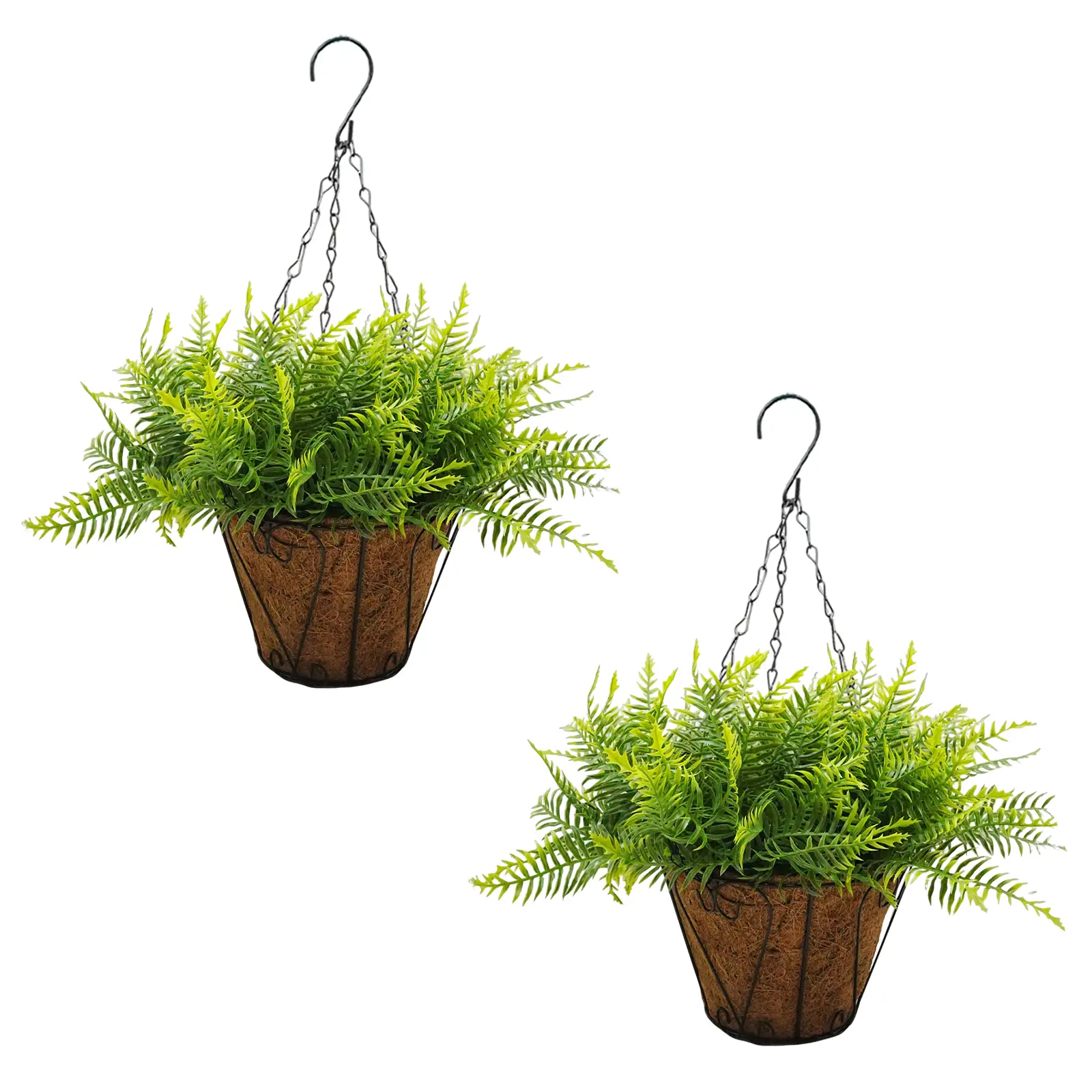 2 Pack Artificial Fern Hanging Planters with 10 Inch Coconut Fiber Baskets & Iron Chain - Lifelike Light Green Faux Ferns Fake Plants for Indoor Outdoor Home Porch Balcony Patio Garden Decor - Zero Maintenance Hanging Faux Greenery Gift