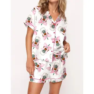 Starbucks Coffee Coquette Satin Pajama Set for Women – Long Sleeve Pink Bow Aesthetic Sleepwear, Soft Girl Loungewear for