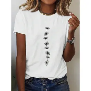 INAWLY Plant And Floral Print Summer Round Neck Short Sleeve Casual T-Shirt Graphic Tees Women Tops